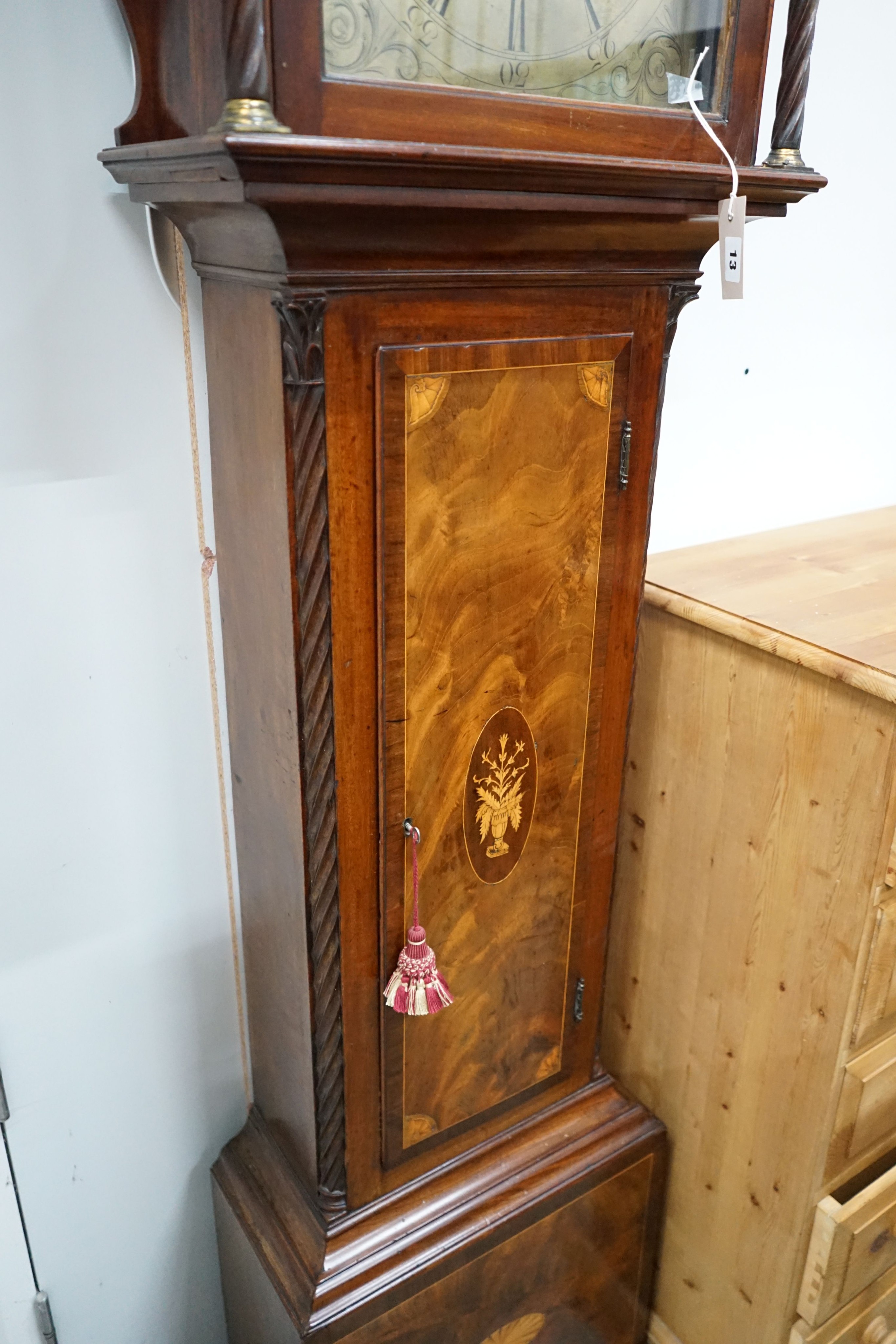 A George III inlaid mahogany 8 day longcase clock, marked Mitchell & Son, Gorbals, with key, pendulum and two weights, height 208cm